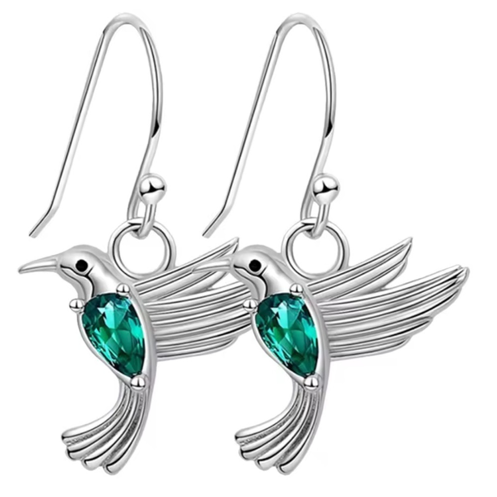 Hummingbird Dangle Earrings | Silver with Green Stone